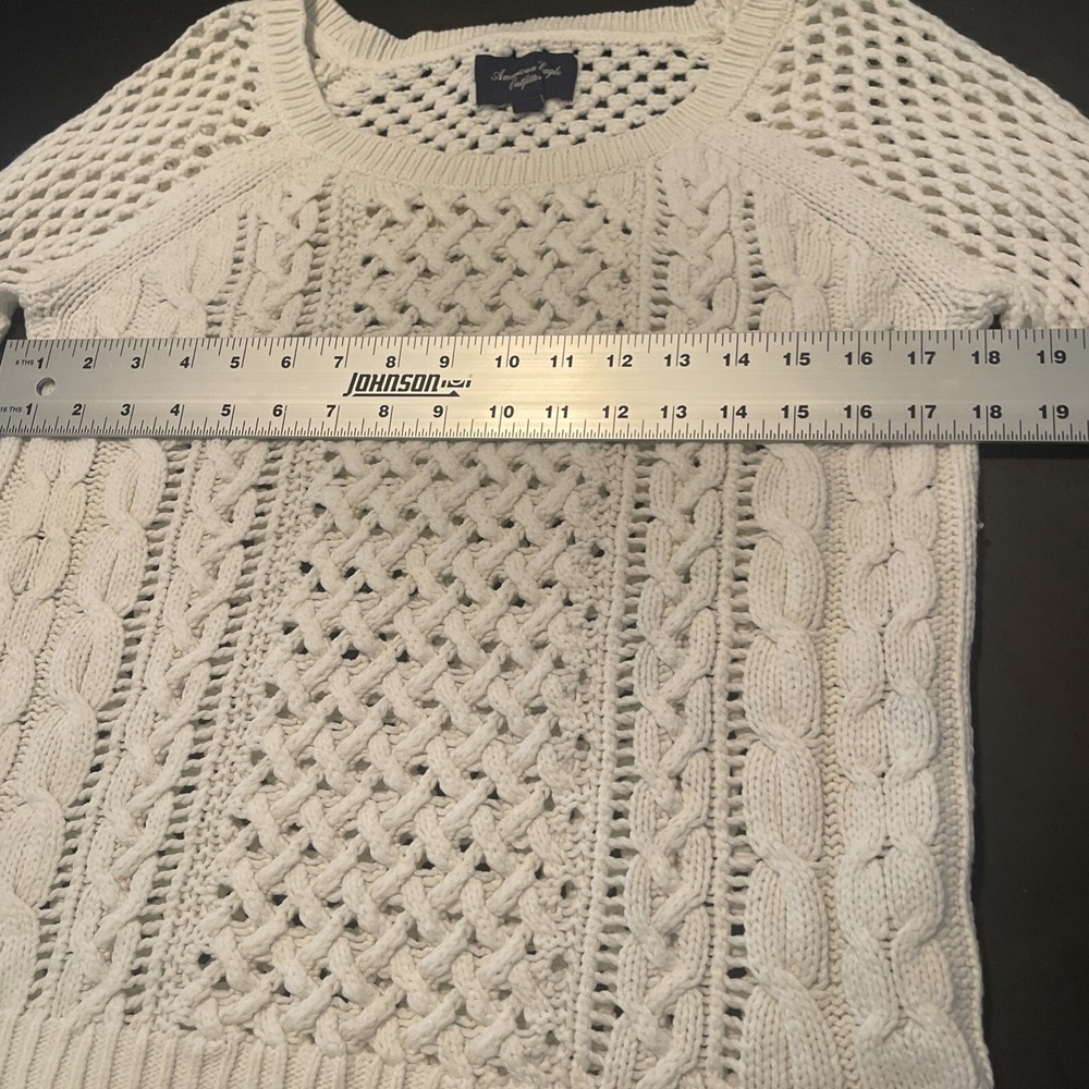 American Eagle Pullover Crocheted Cable Knit White Sweater M Cotton/Nylon/Wool - Picture 6 of 8